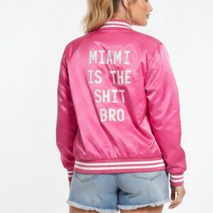 Sweet Liberty Miami Pink Satin Bomber Jacket Graphic Size M
